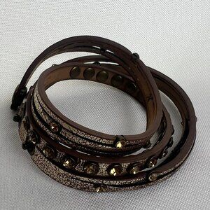 PLUNDER Stylish Triple Strand Triple Wrap Leather Bracelet Gold with Brown Gems